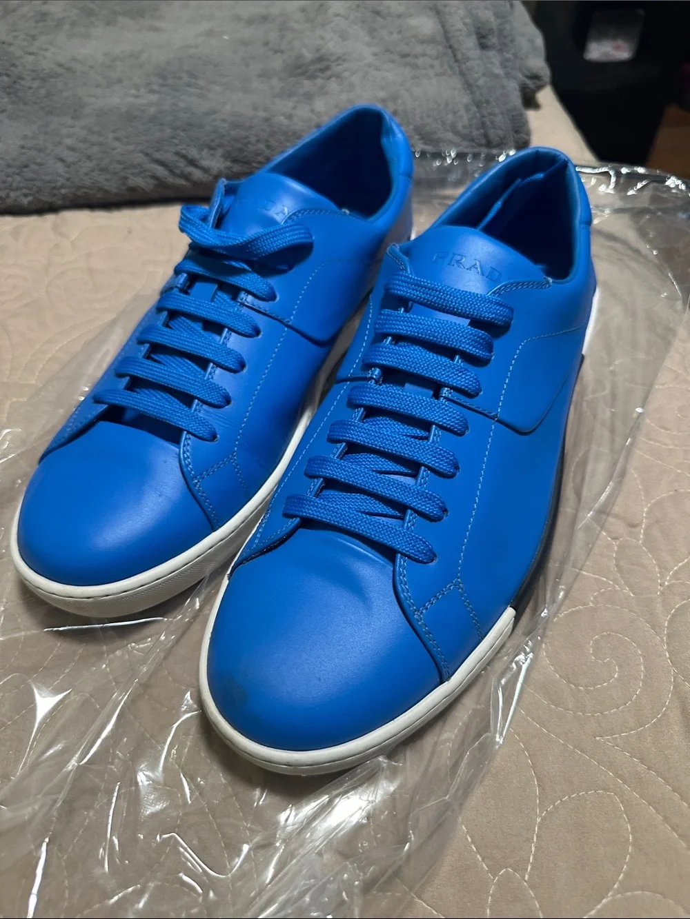 Prada Men's Electric Blue Leather Low-Top Sneakers